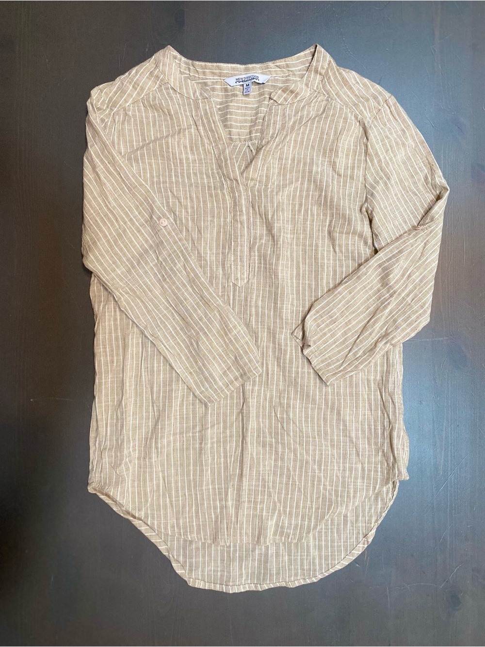 New Direction Beige Striped V-Neck Viscose Cotton Linen Top Size M
